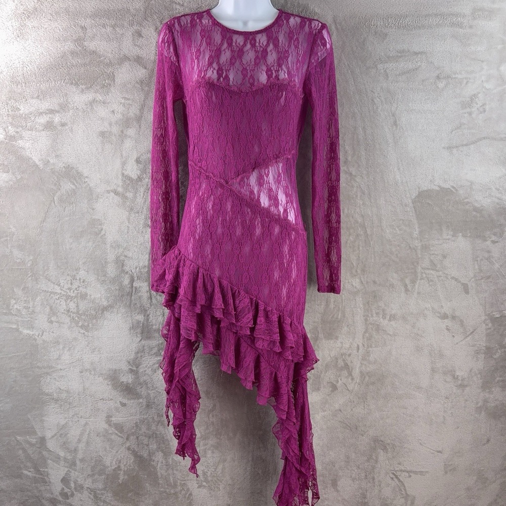 Miss Circle Lace Mini Dress Womens‎ Size XS Pink Sheer Long Sleeve Ruffle Beauty